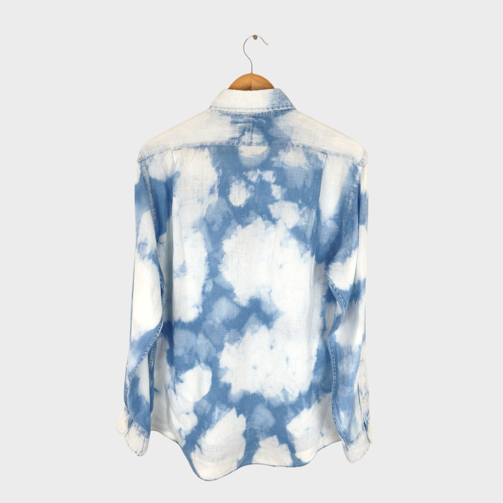 RALPH LAUREN Men's Blue/White Tie Dye 100% Linen Embroidered Logo Shirt