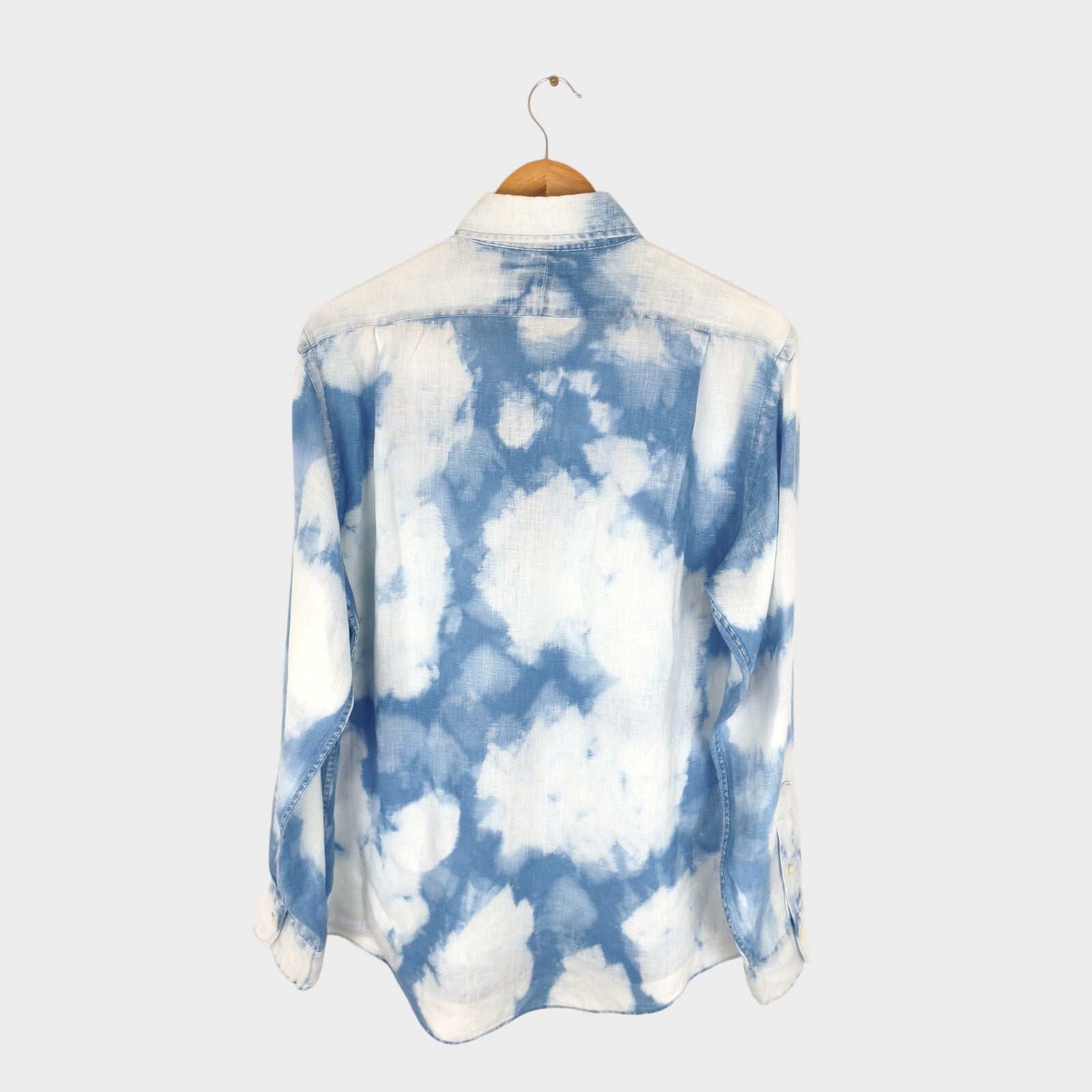 RALPH LAUREN Men's Blue/White Tie Dye 100% Linen Embroidered Logo Shirt