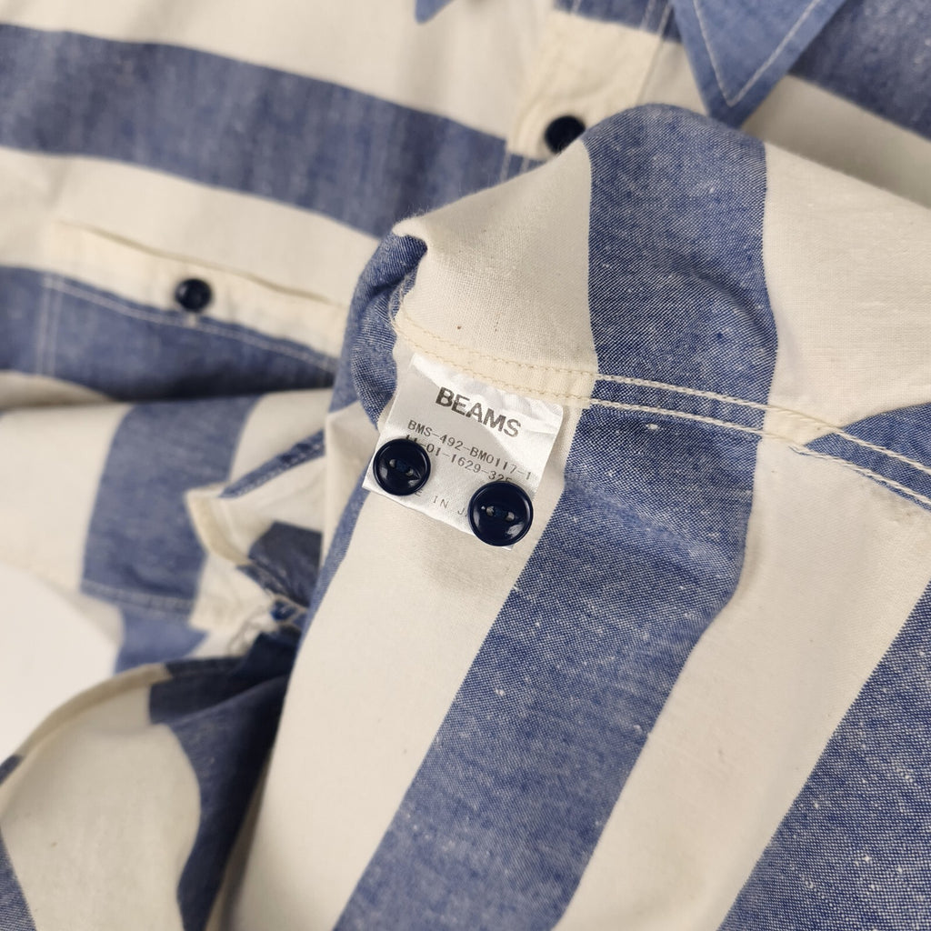 BEAMS WORK CLOTHING Men's Made in Japan Ecru/Blue Striped Short Sleeved Shirt