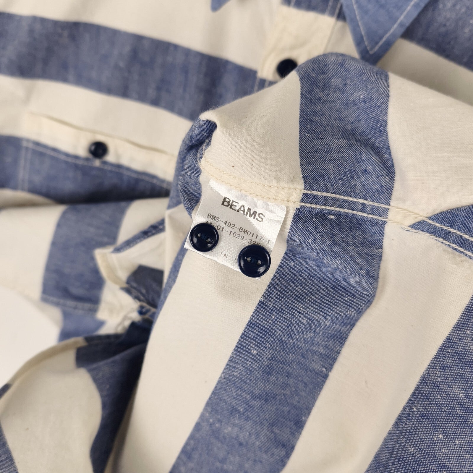 BEAMS WORK CLOTHING Men's Made in Japan Ecru/Blue Striped Short Sleeved Shirt