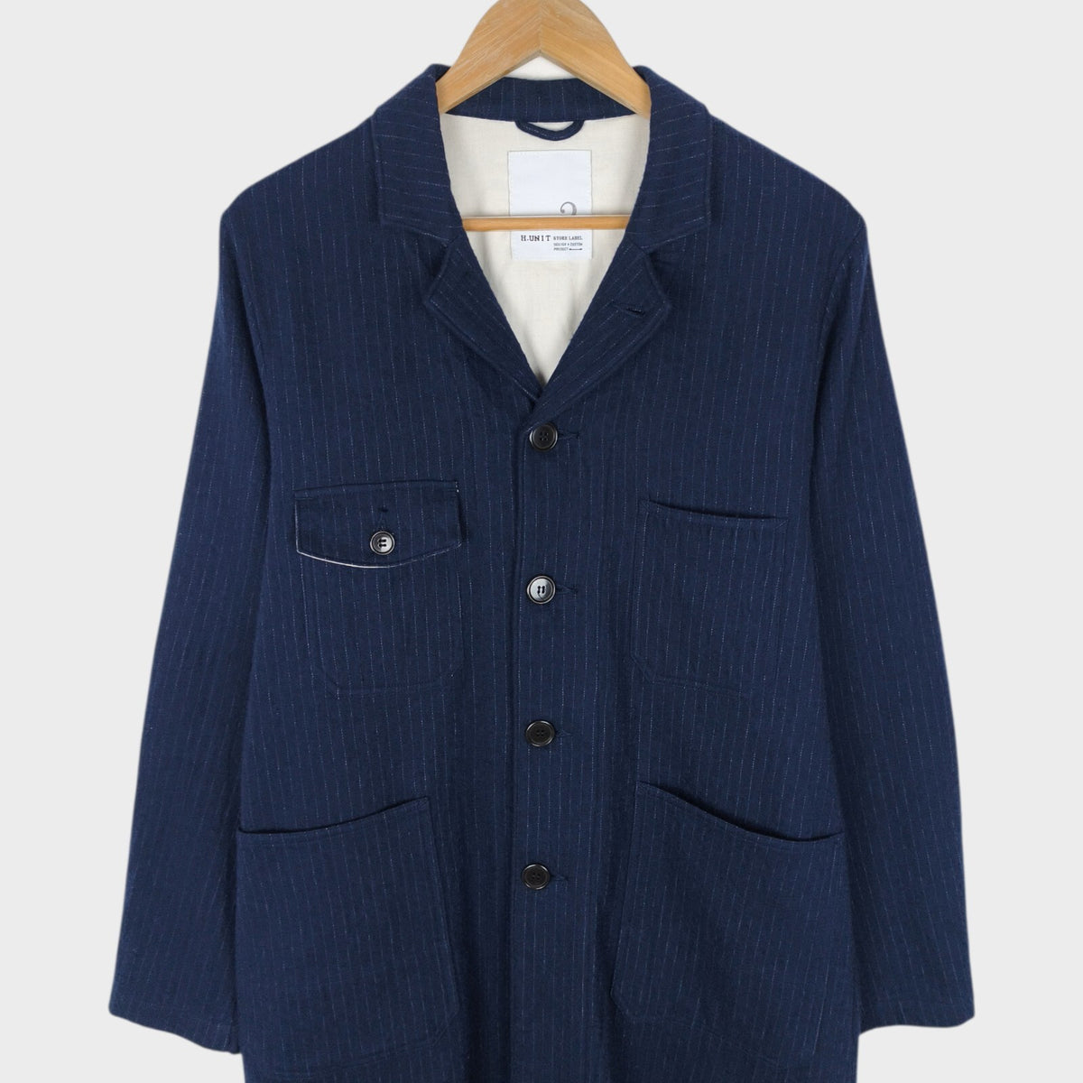H.UNIT Men's Made in Japan Navy Blue Cotton/Wool Blend Pinstripe Chore Coat