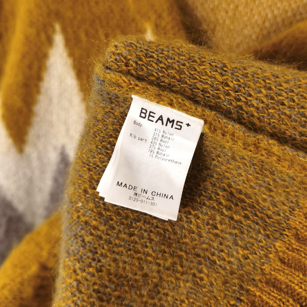 BEAMS PLUS Men's Mohair Blend Shaggy Grunge Argyle Cardigan