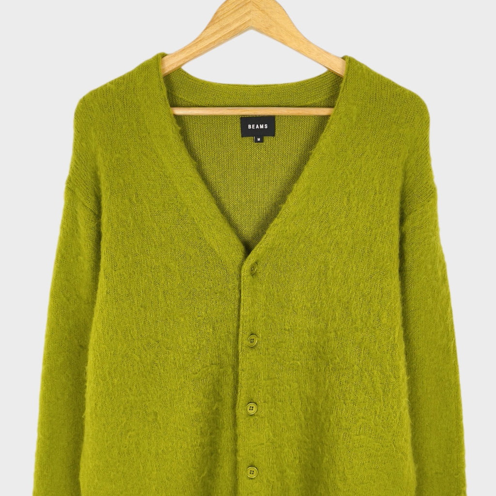 BEAMS Men's Lime Green Mohair Blend Shaggy Grunge Cardigan