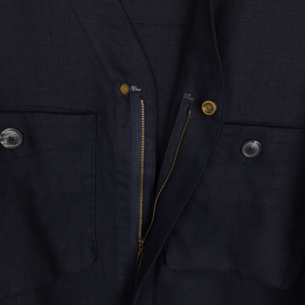 PUBLIC TOKYO Men's Navy Blue Made in Japan 100% Linen V-Neck Utility Jacket