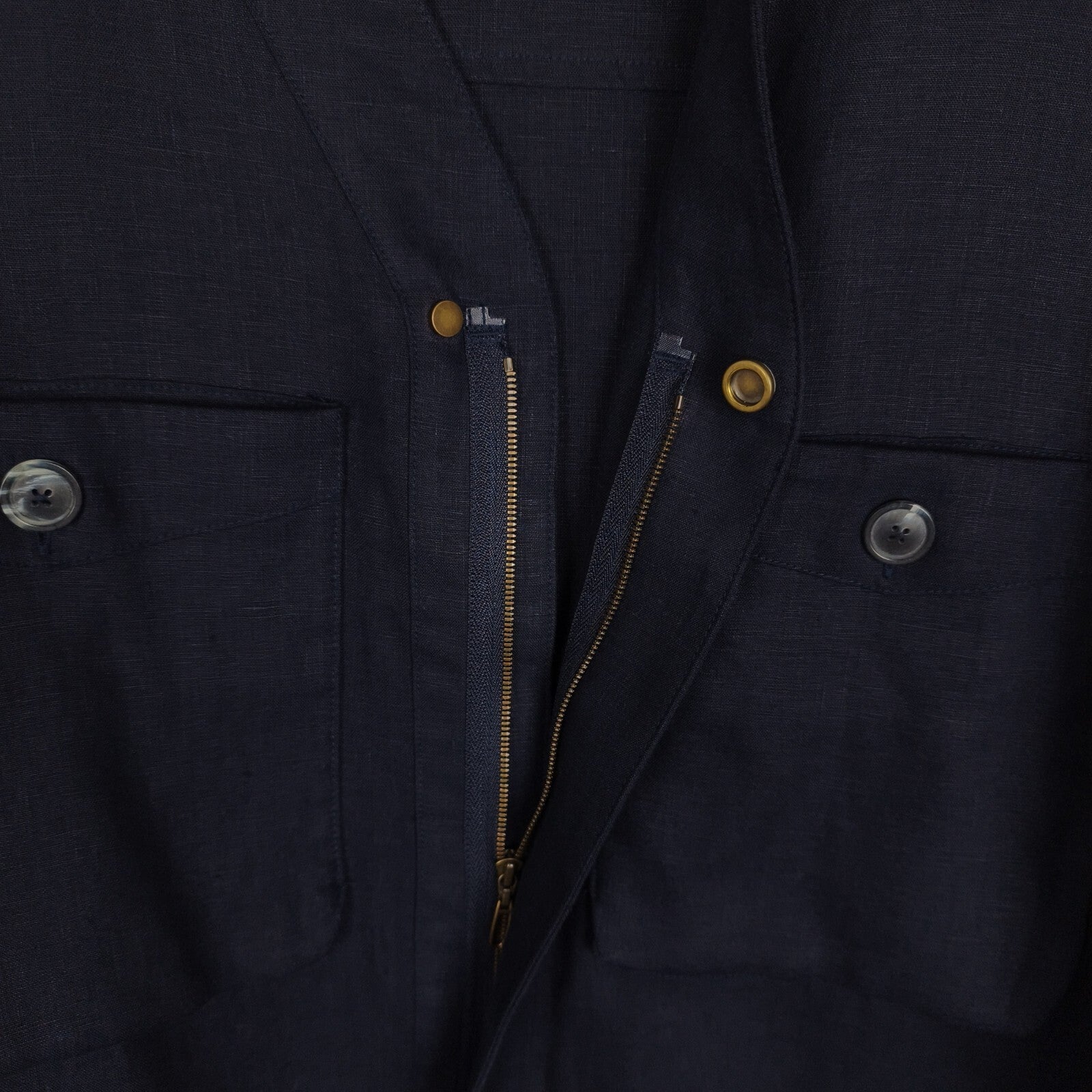 PUBLIC TOKYO Men's Navy Blue Made in Japan 100% Linen V-Neck Utility Jacket