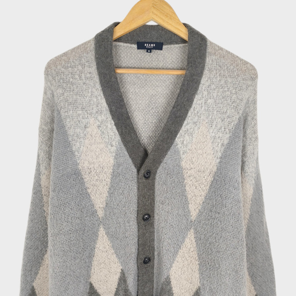 BEAMS HEART Men's Mohair Wool Blend Shaggy Grunge Argyle Cardigan