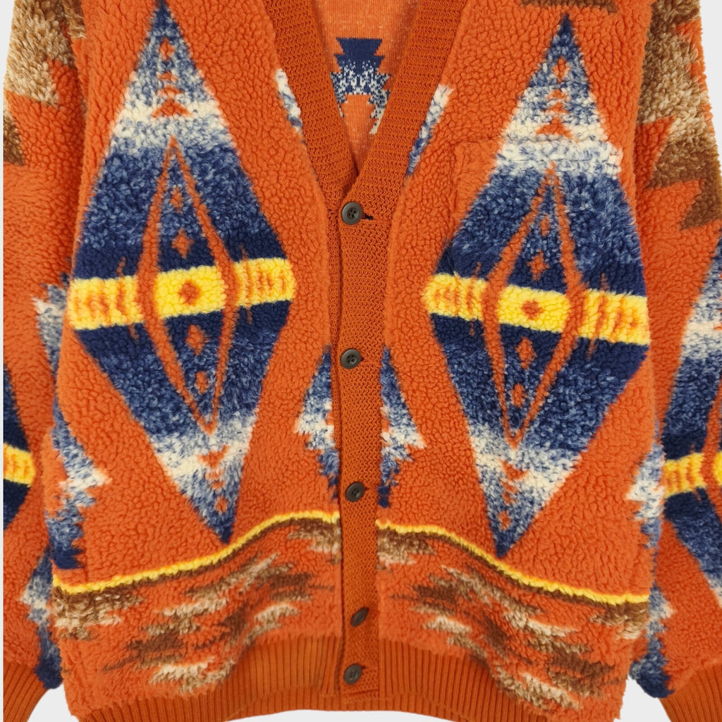 BEAMS PLUS Men's Navajo Fleece Jacquard Pattern Cardigan