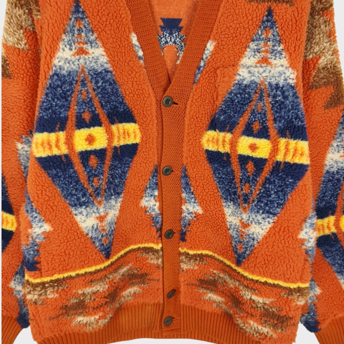 BEAMS PLUS Men's Navajo Fleece Jacquard Pattern Cardigan