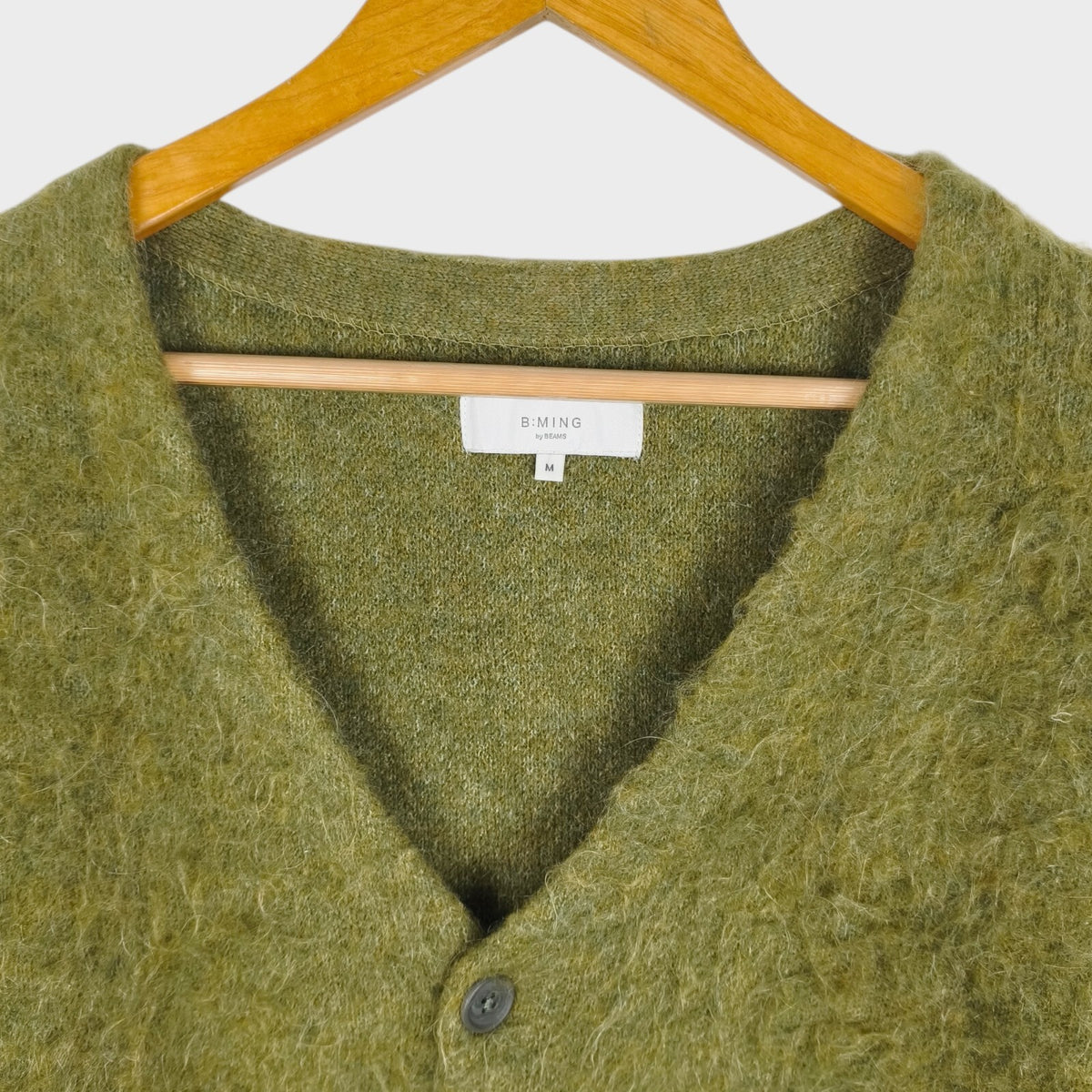BEAMS B:MING Men's Green Mohair Blend Shaggy Grunge Cardigan