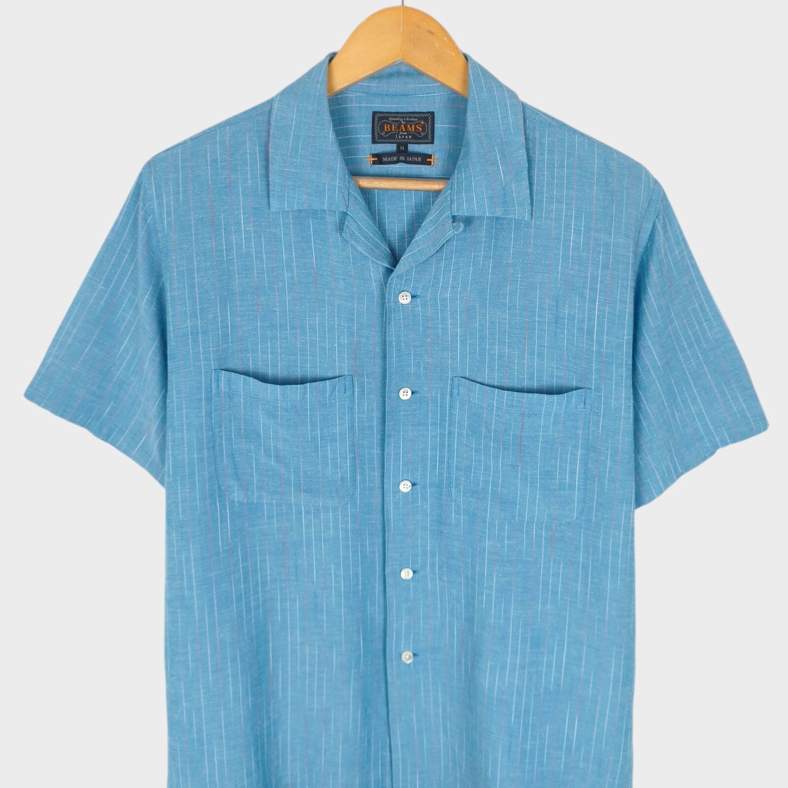 BEAMS PLUS Men's Made in Japan Rayon/Linen Striped Short Sleeved Shirt