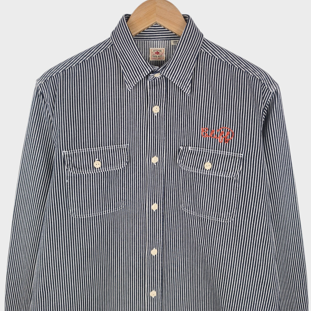 SUGAR CANE Men's Made in Japan Hickory Stripe Chain Stitch Embroidered Shirt