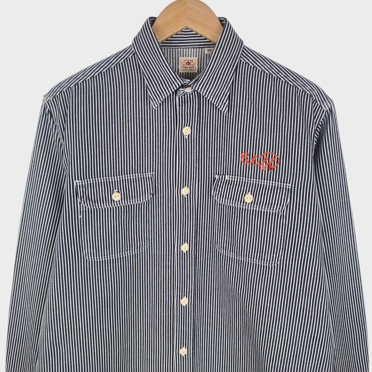 SUGAR CANE Men's Made in Japan Hickory Stripe Chain Stitch Embroidered Shirt