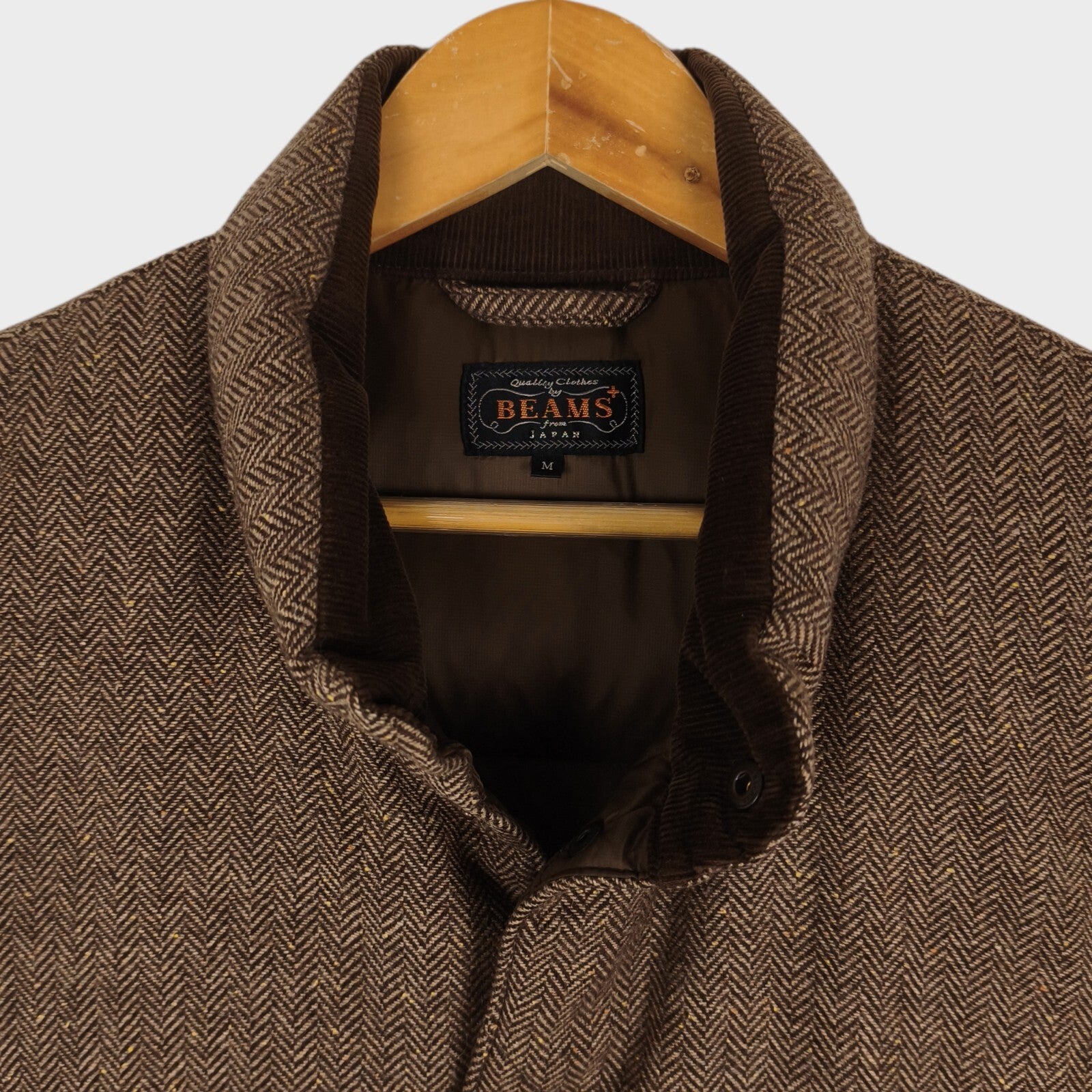 BEAMS PLUS Men's Brown Herringbone Wool Blend Down Feather Utility Gilet