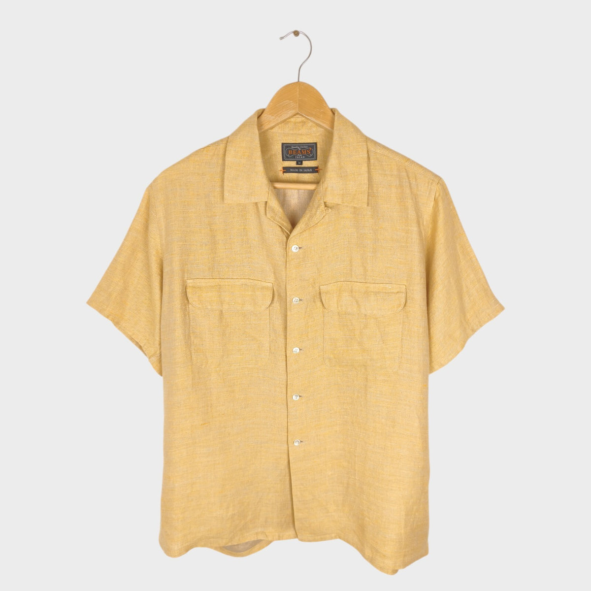 BEAMS PLUS Men's Made in Japan 100% Linen Camp Collar Vacation Shirt