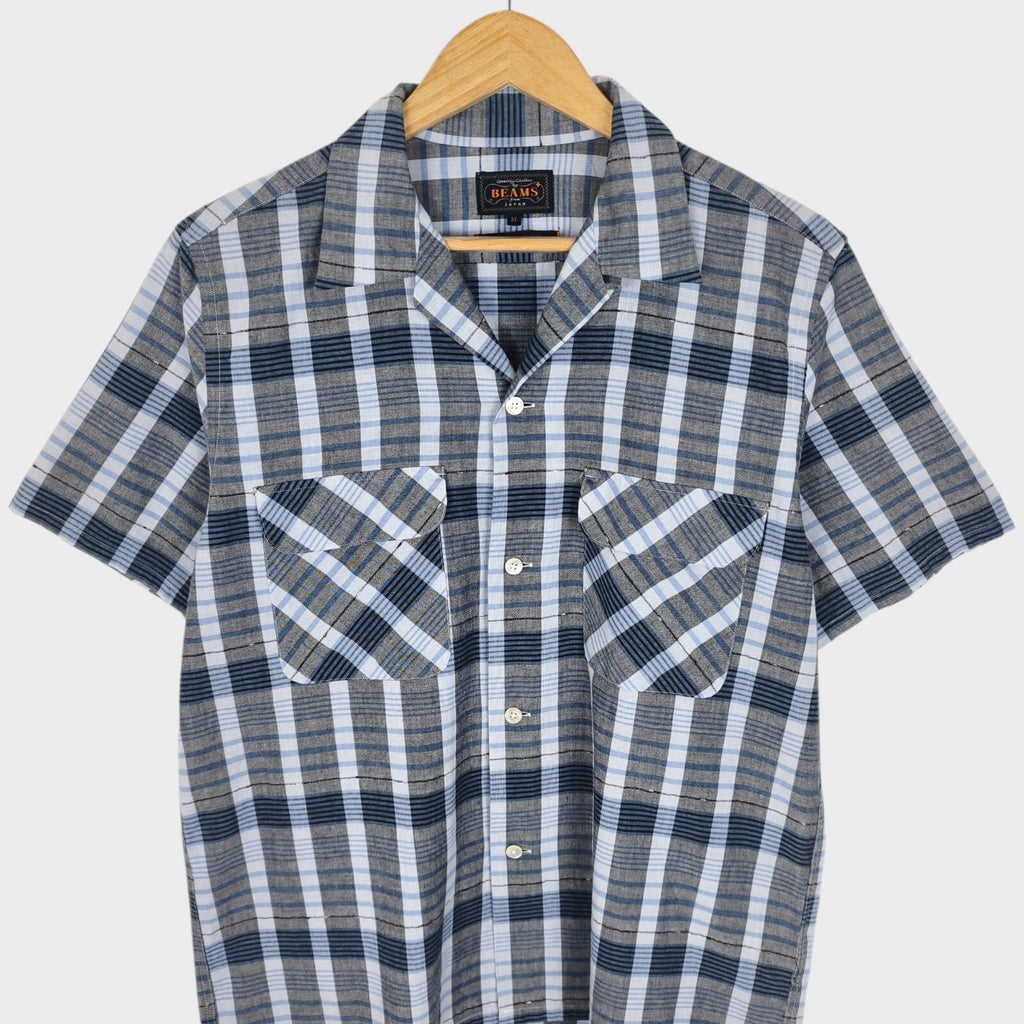 BEAMS PLUS Men's Made in Japan Cotton Checked Camp Collar Shirt