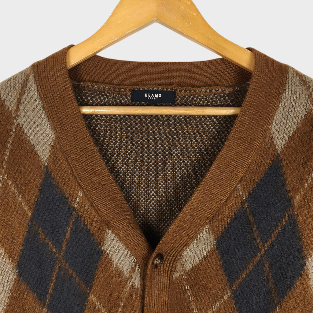 BEAMS HEART Men's Brown Shaggy Grunge Argyle Cardigan