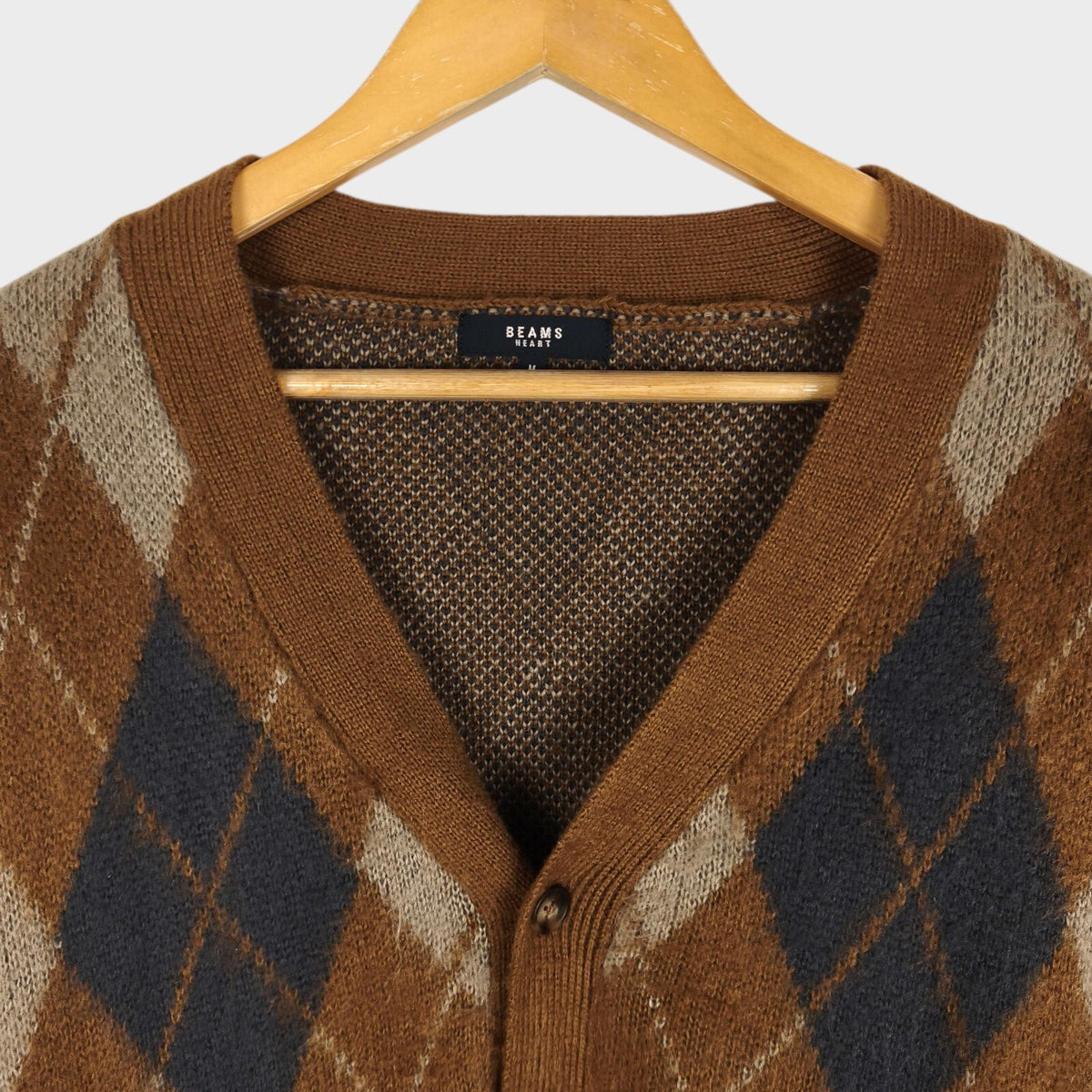 BEAMS HEART Men's Brown Shaggy Grunge Argyle Cardigan