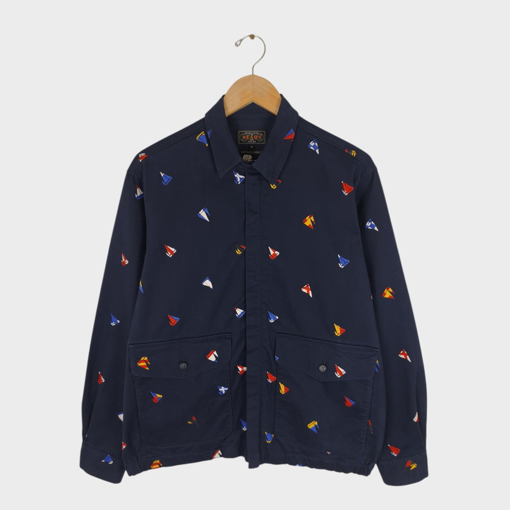 BEAMS PLUS Men's Navy Blue Embroidered Boat Cotton Twill Sailing Jacket