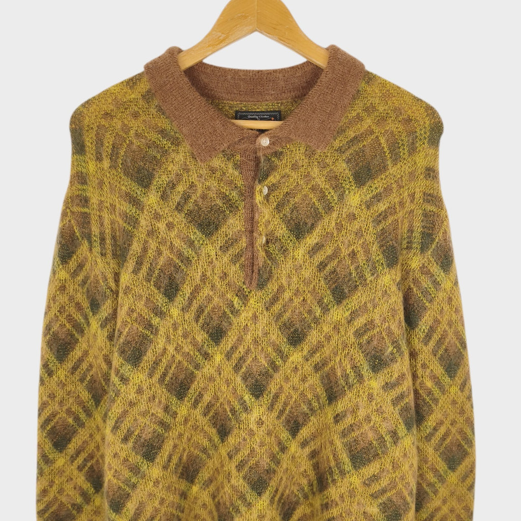 BEAMS PLUS Men's Argyle Shaggy Knit Mohair Blend Polo Shirt Jumper