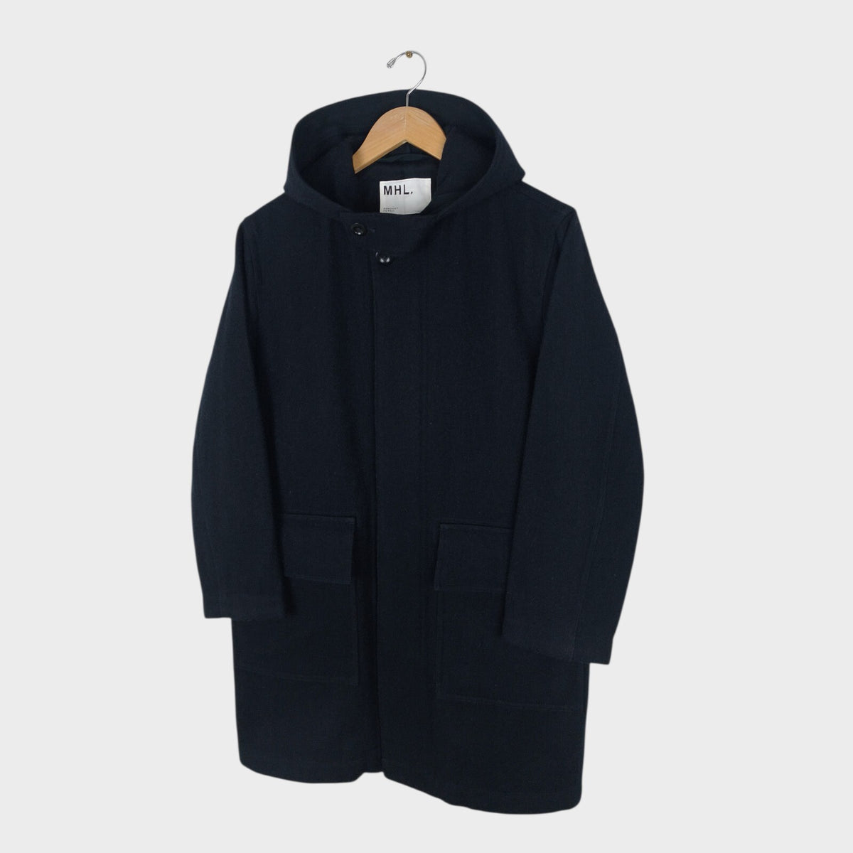 MHL MARGARET HOWELL Men's Dark Navy Blue 100% Wool Hooded Coat