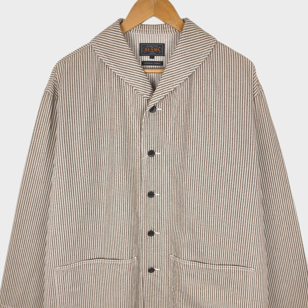 BEAMS PLUS Men's Hickory Striped Military Shawl Collar Jacket
