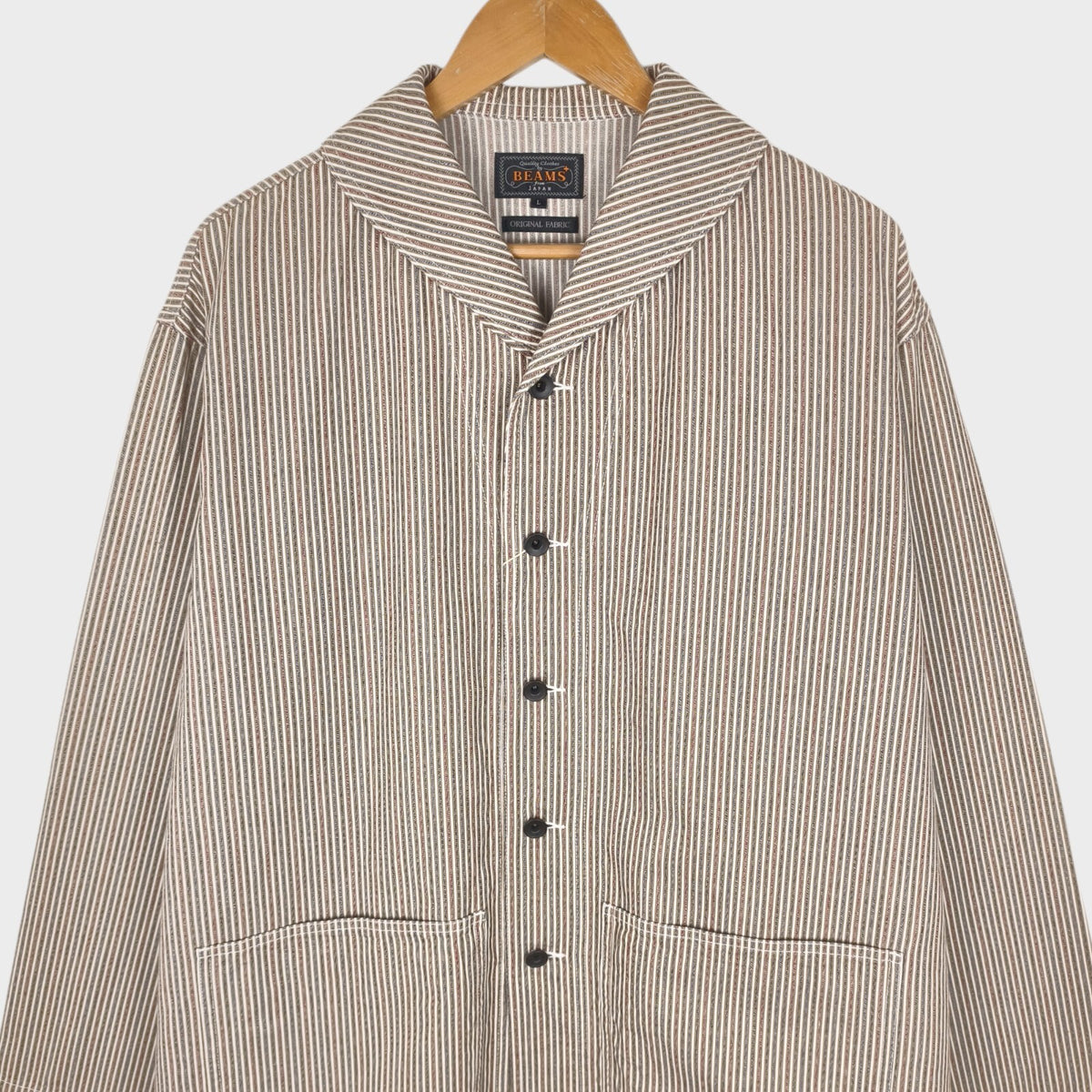 BEAMS PLUS Men's Hickory Striped Military Shawl Collar Jacket