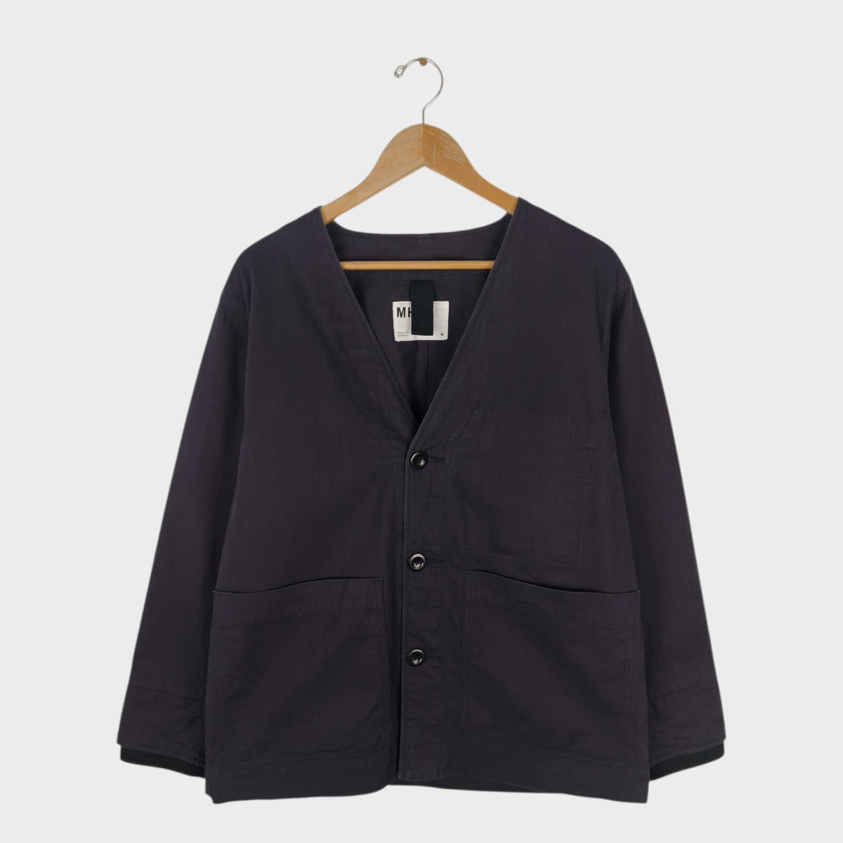 MHL MARGARET HOWELL Men's Dark Navy Heavvyweight Cotton V-Neck Chore Jacket