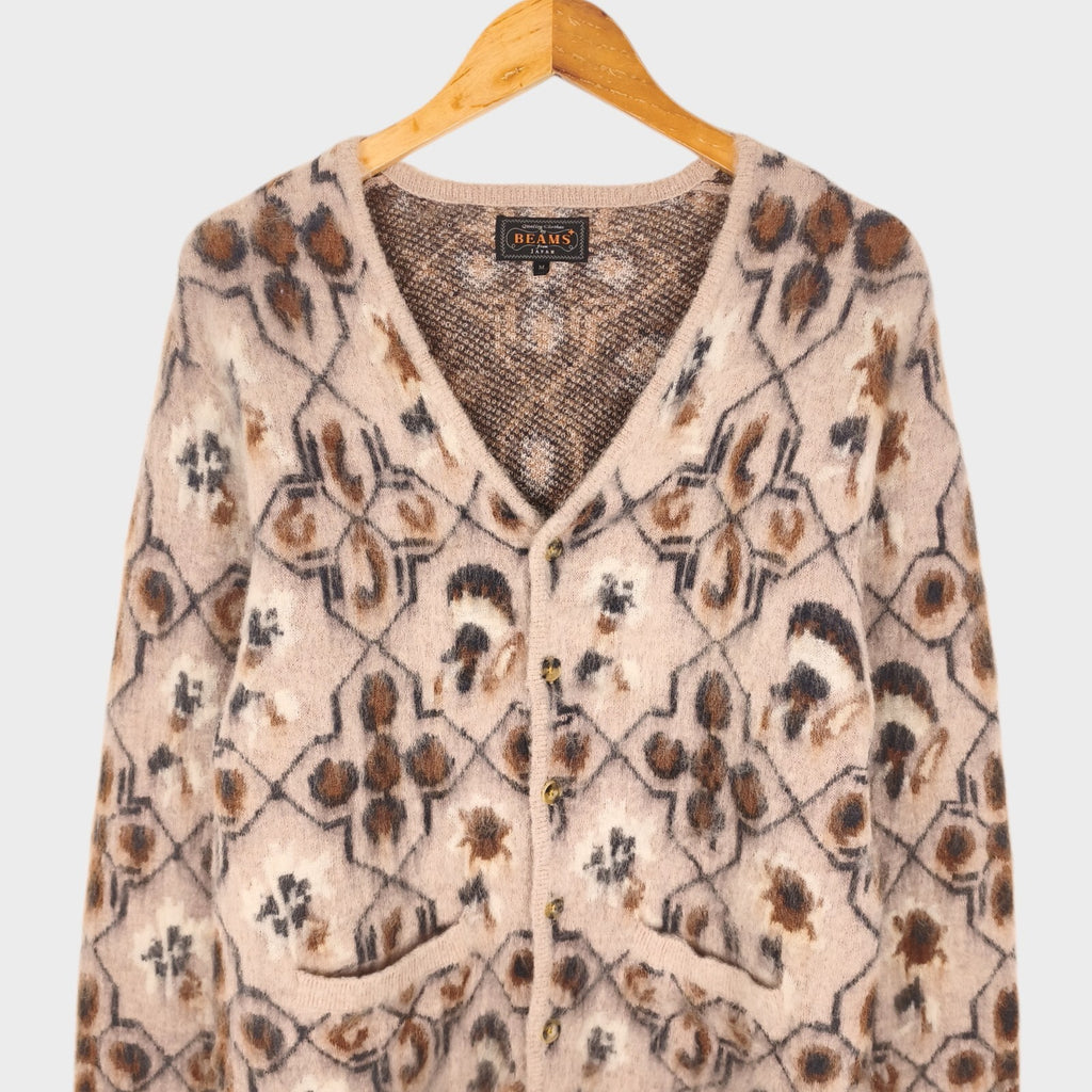 BEAMS PLUS Men's Mohair Blend Shaggy Grunge Ski Club Jacquard Cardigan