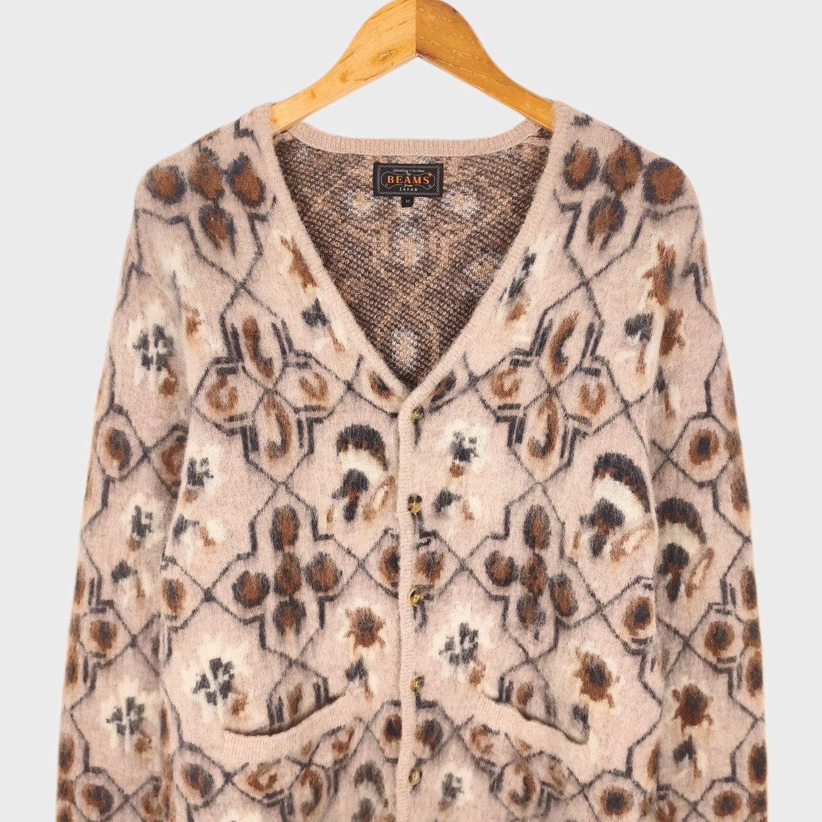BEAMS PLUS Men's Mohair Blend Shaggy Grunge Ski Club Jacquard Cardigan