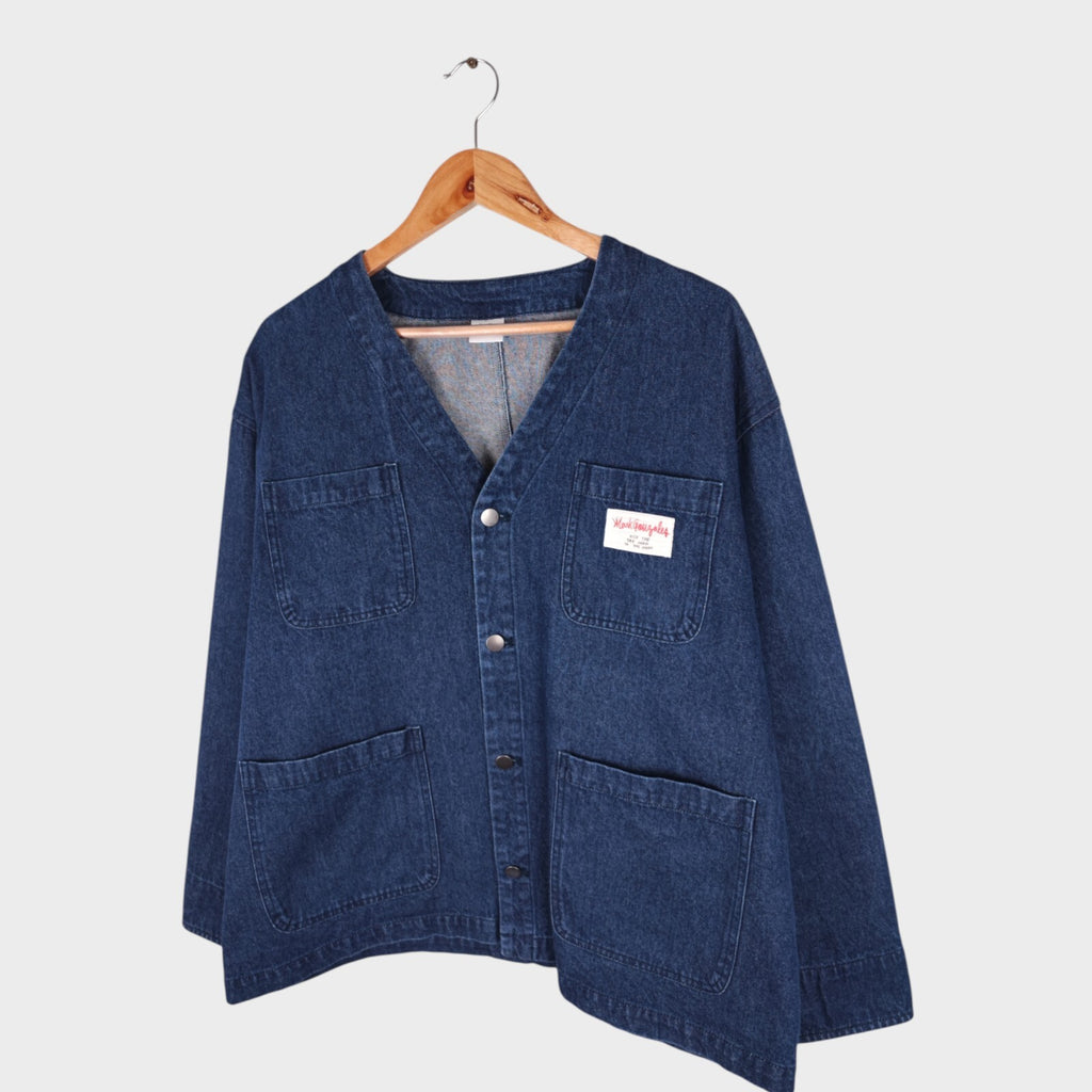 MARK GONZALES Men's Oversized Fit Blue V-Neck Engineer Chore Jacket