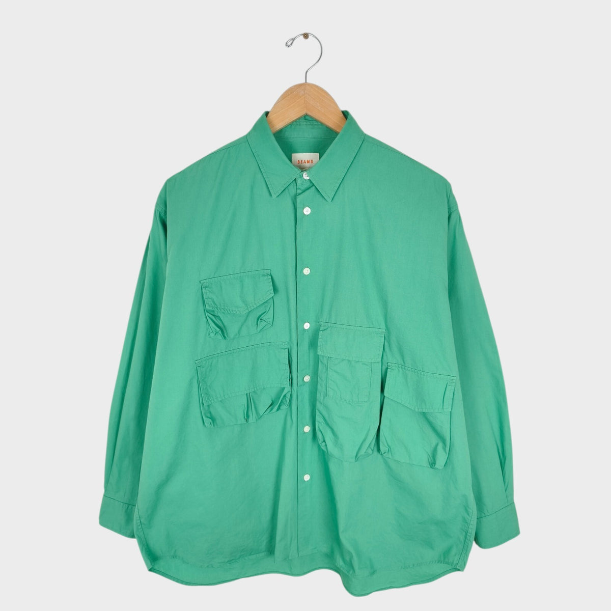 BEAMS Men's Green Relaxed Fit Multi Pocket Utility Overshirt
