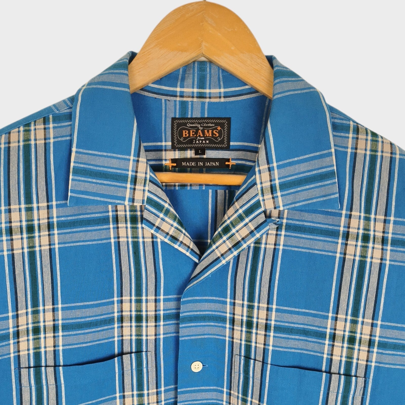 BEAMS PLUS Men's Made in Japan Cotton Checked Camp Collar Shirt