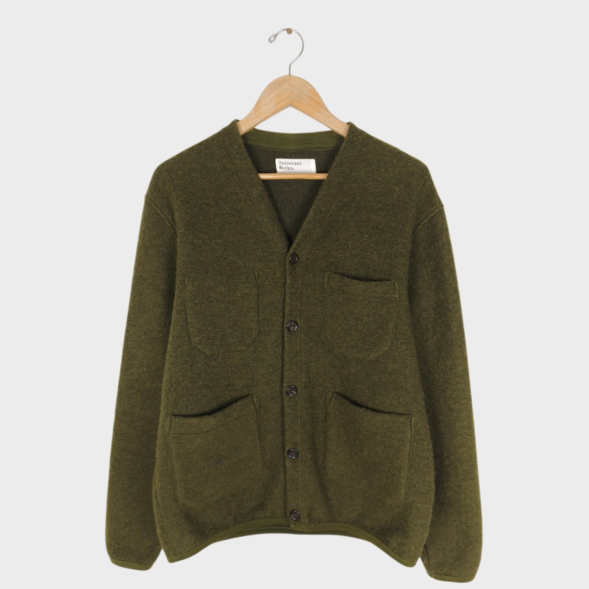 UNIVERSAL WORKS Men's Olive Green Wool Fleece Cardigan