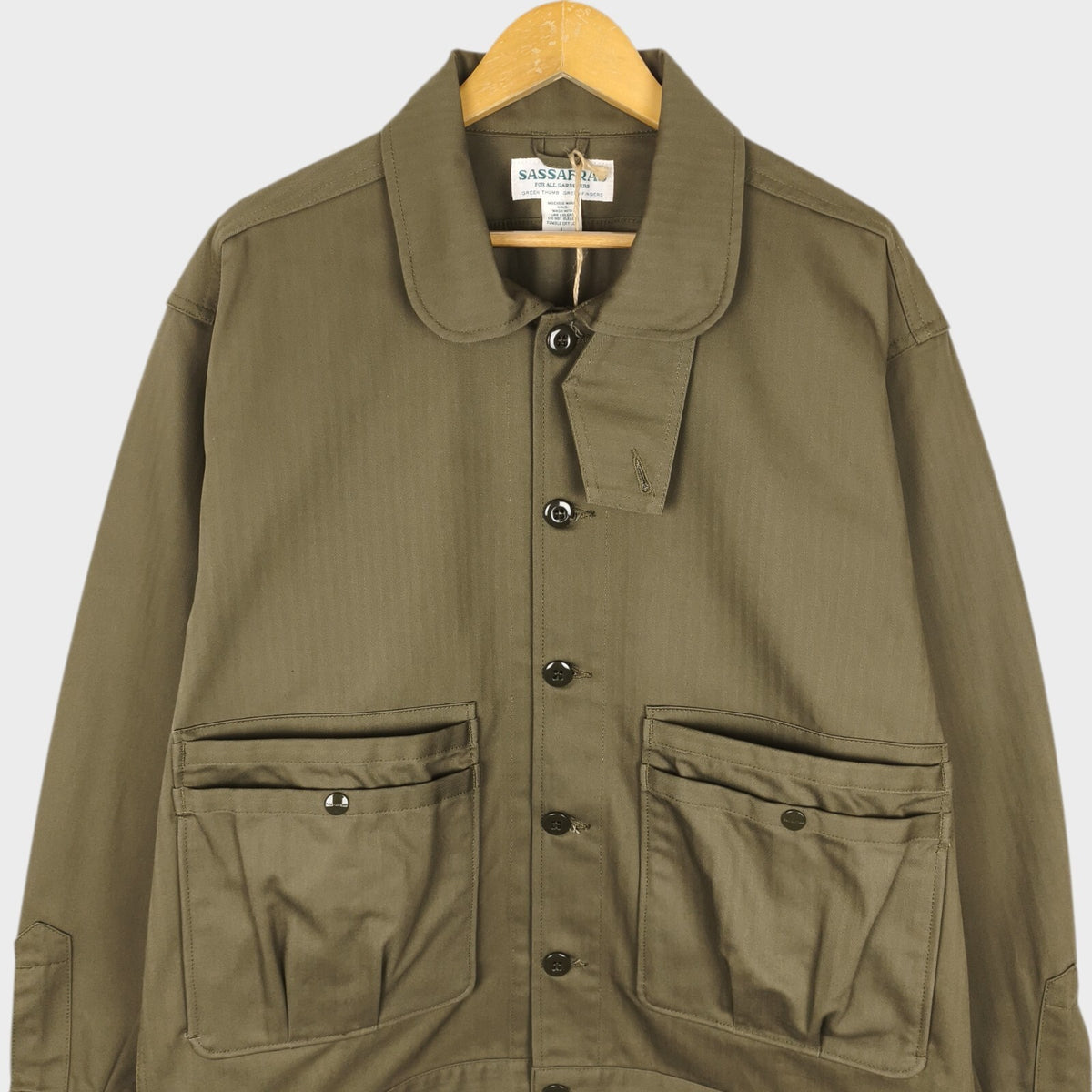 SASSAFRAS Men's Made in Japan Green Herringbone Overgrown Trug Jacket