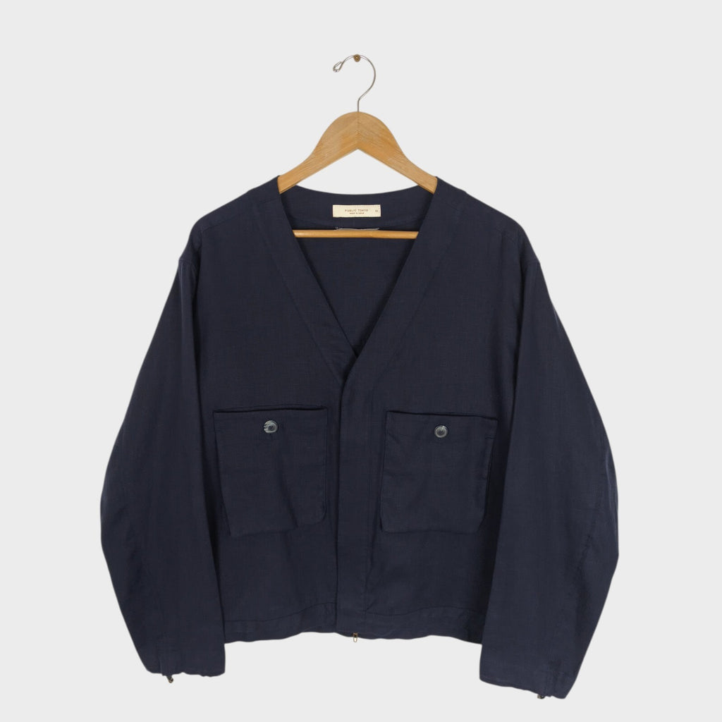 PUBLIC TOKYO Men's Navy Blue Made in Japan 100% Linen V-Neck Utility Jacket