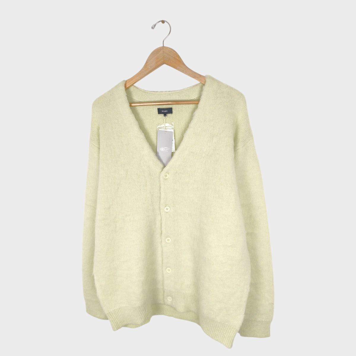 BEAMS Men's Light Yellow Mohair Blend Shaggy Grunge Cardigan