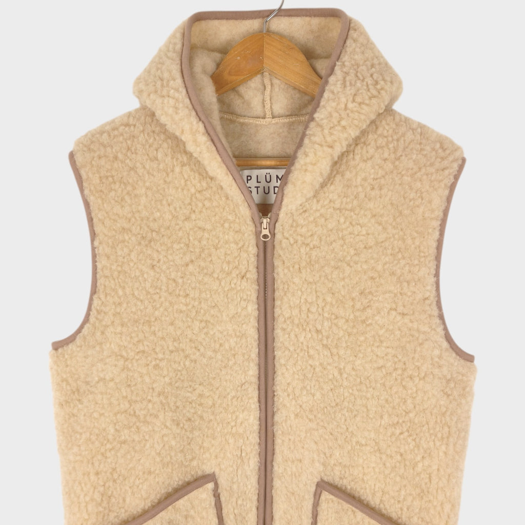 PLUMO STUDIO Women's 100% Wool Pile Fleece Hooded Zip Vest Gilet