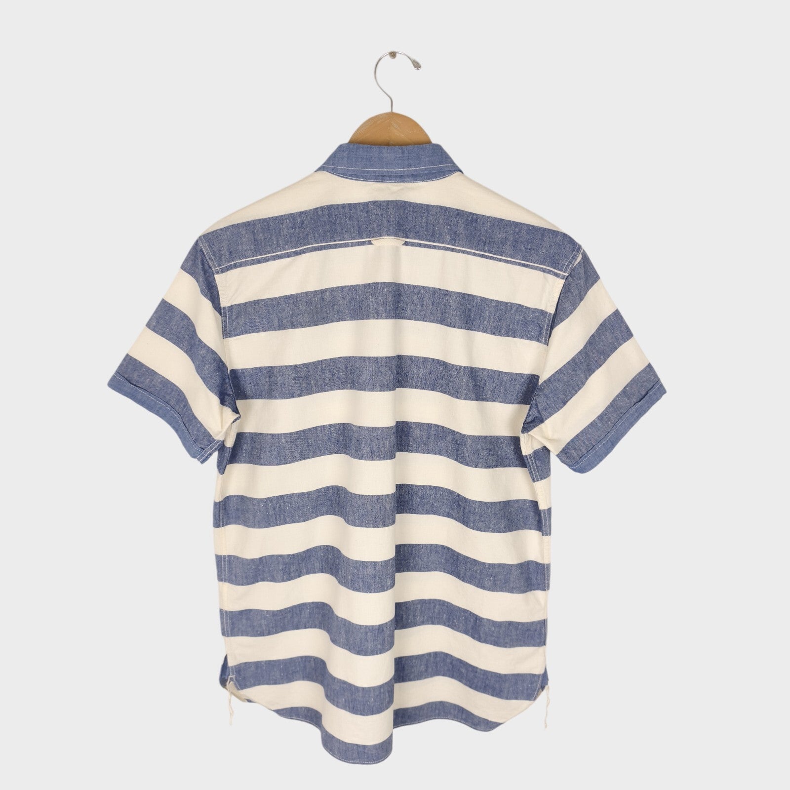 BEAMS WORK CLOTHING Men's Made in Japan Ecru/Blue Striped Short Sleeved Shirt