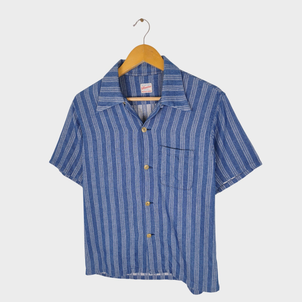 MOMOTARO Men's Made in Japan Blue Striped Camp Collar Short Sleeved Shirt
