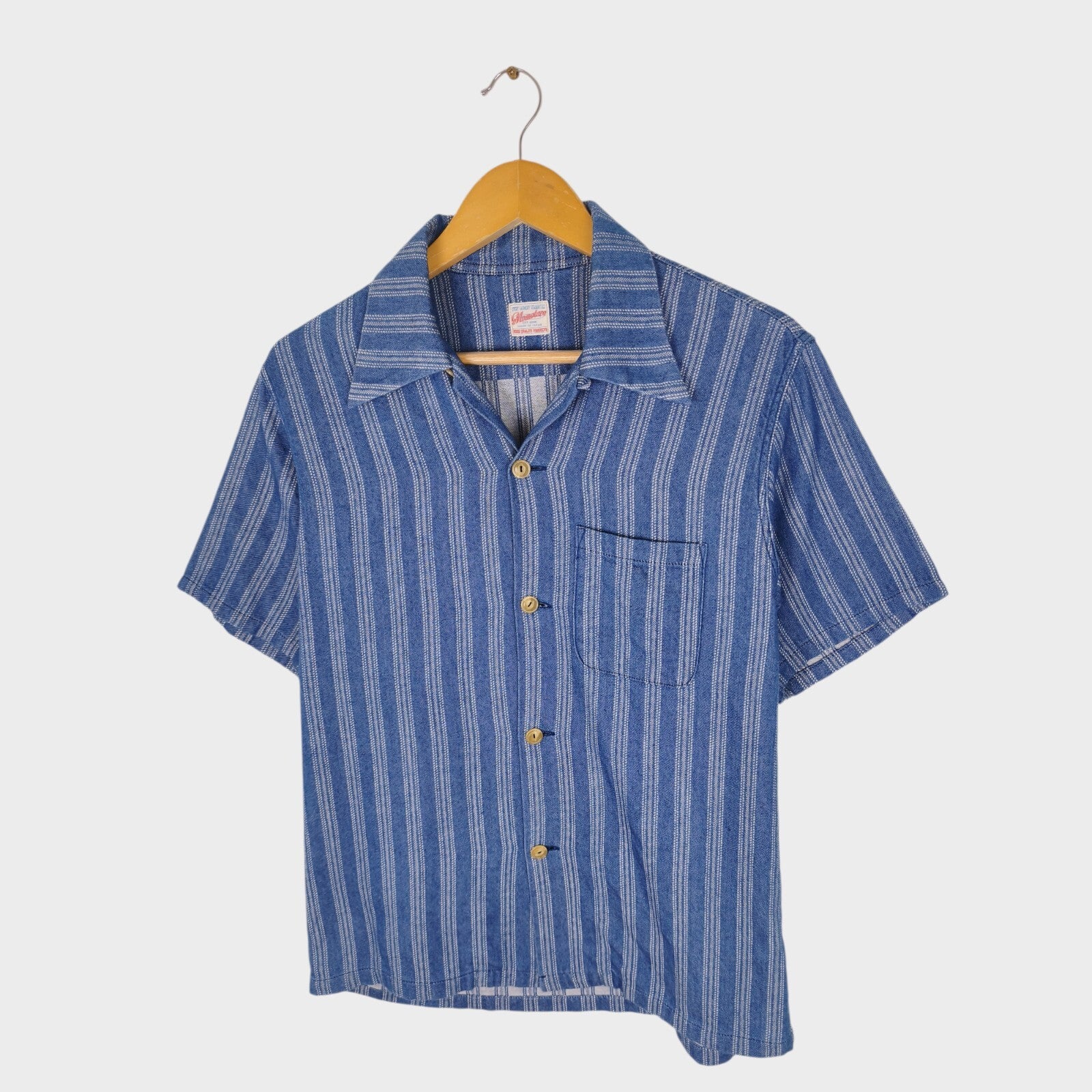 MOMOTARO Men's Made in Japan Blue Striped Camp Collar Short Sleeved Shirt