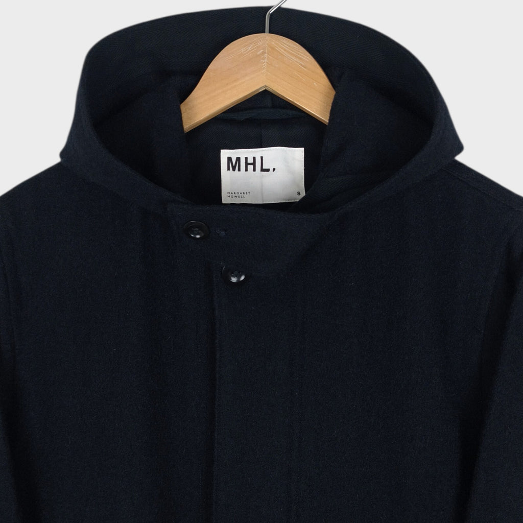 MHL MARGARET HOWELL Men's Dark Navy Blue 100% Wool Hooded Coat