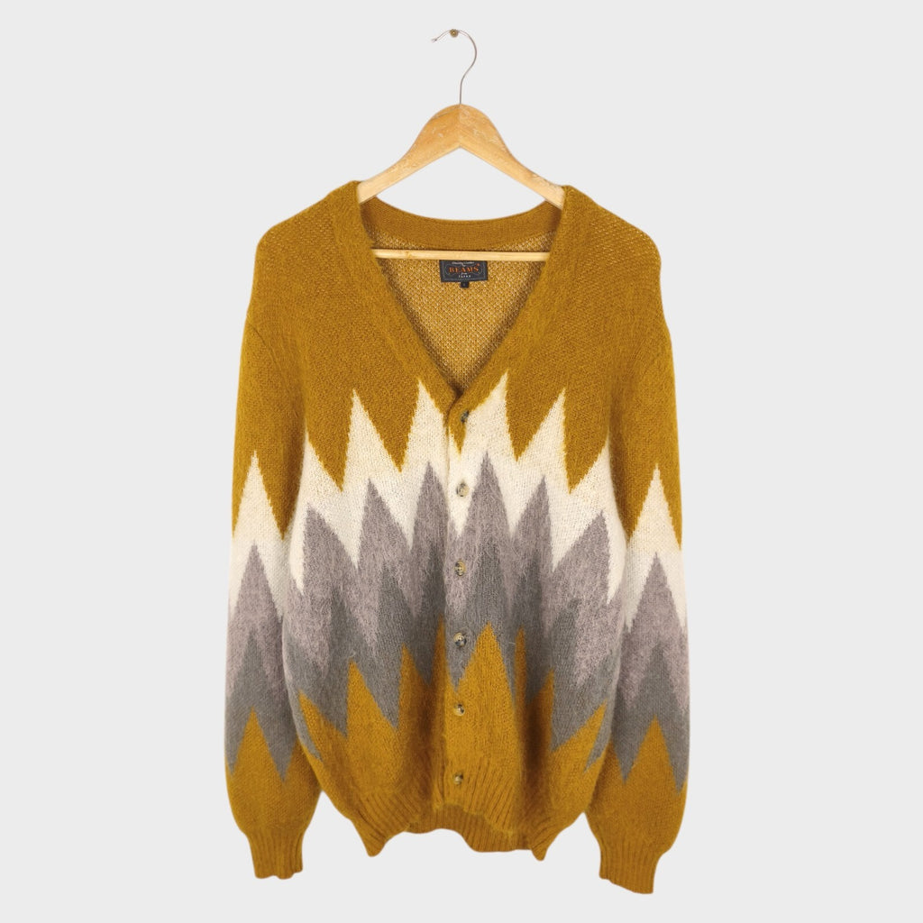 BEAMS PLUS Men's Mohair Blend Shaggy Grunge Argyle Cardigan