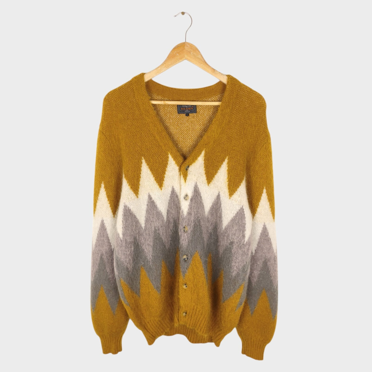 BEAMS PLUS Men's Mohair Blend Shaggy Grunge Argyle Cardigan