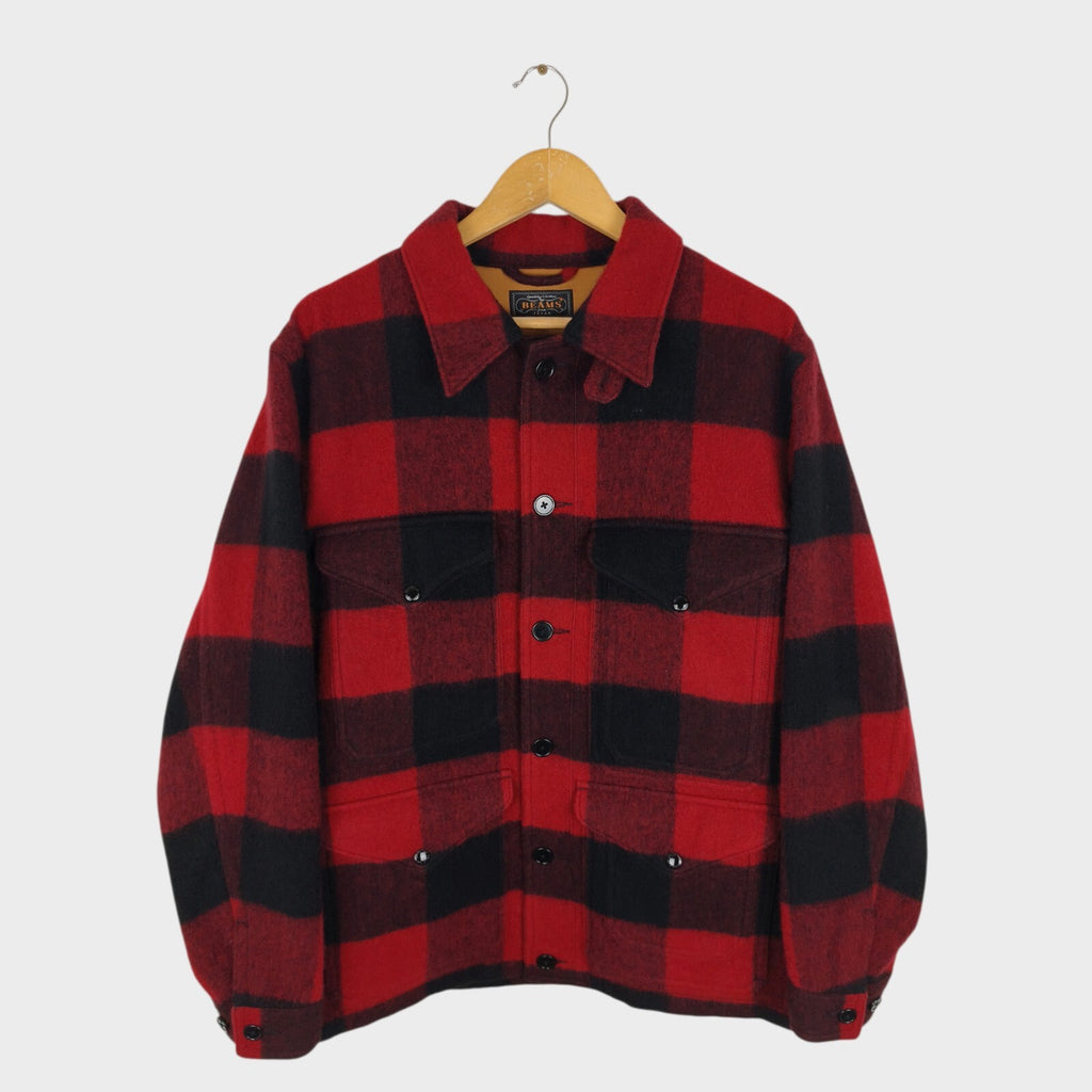 BEAMS PLUS Men's Red/Black Buffalo Wool Blend Check Mackinaw Cruiser Jacket
