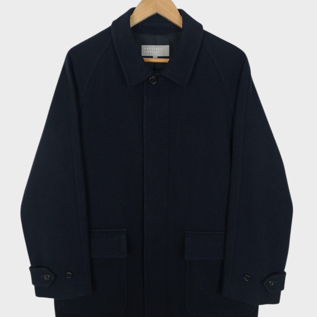 MARGARET HOWELL Men's Dark Navy Blue Heavyweight 100% Wool Raglan Coat