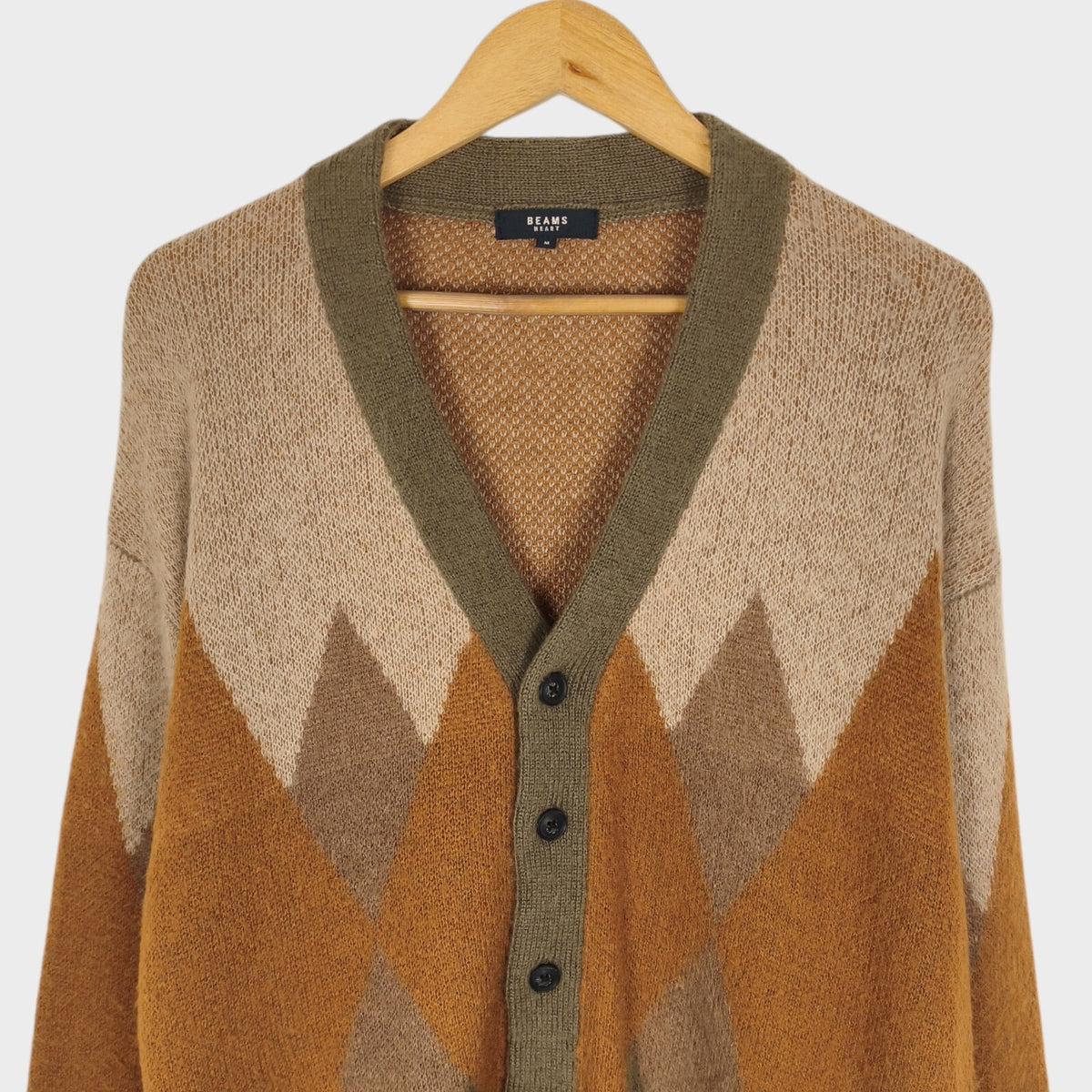 BEAMS HEART Men's Mohair Wool Blend Shaggy Grunge Argyle Cardigan