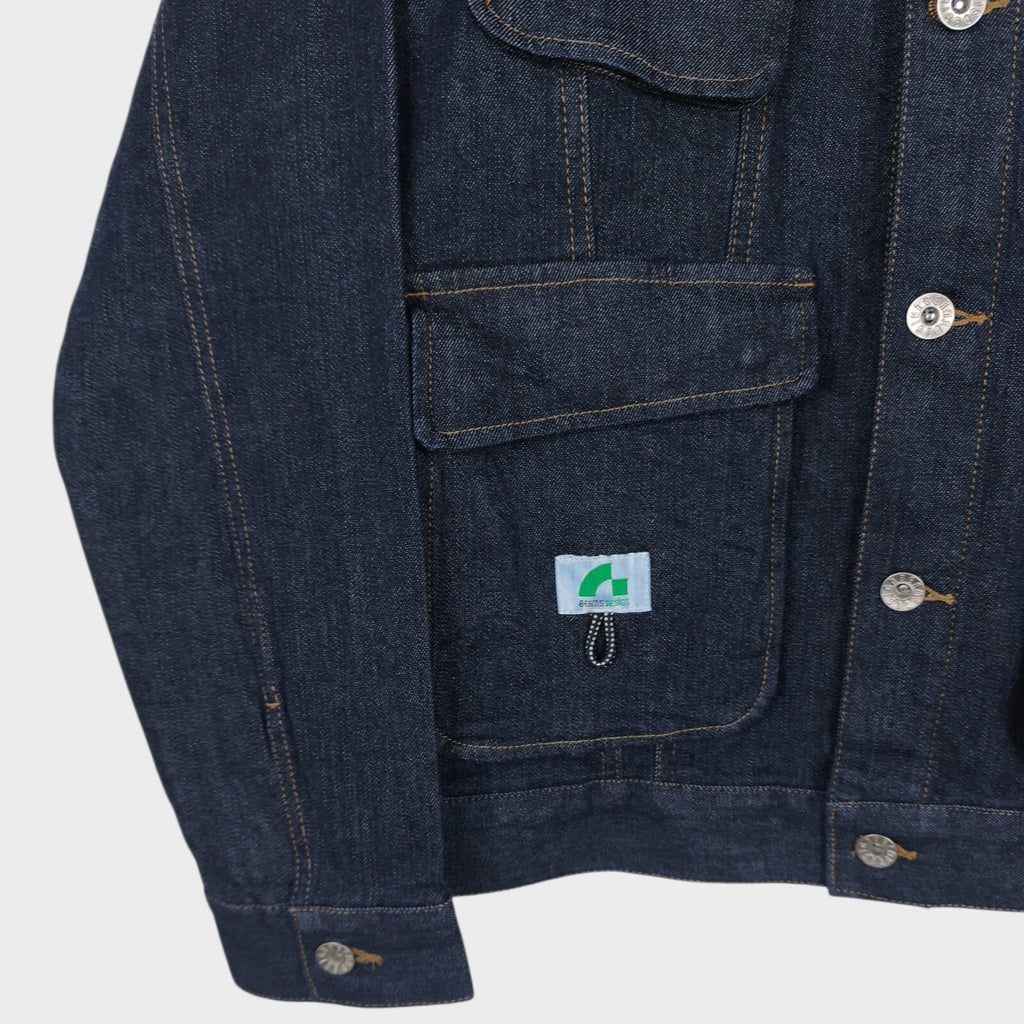 BEAMS Men's Dark Blue Cropped Denim Utility Chore Jacket