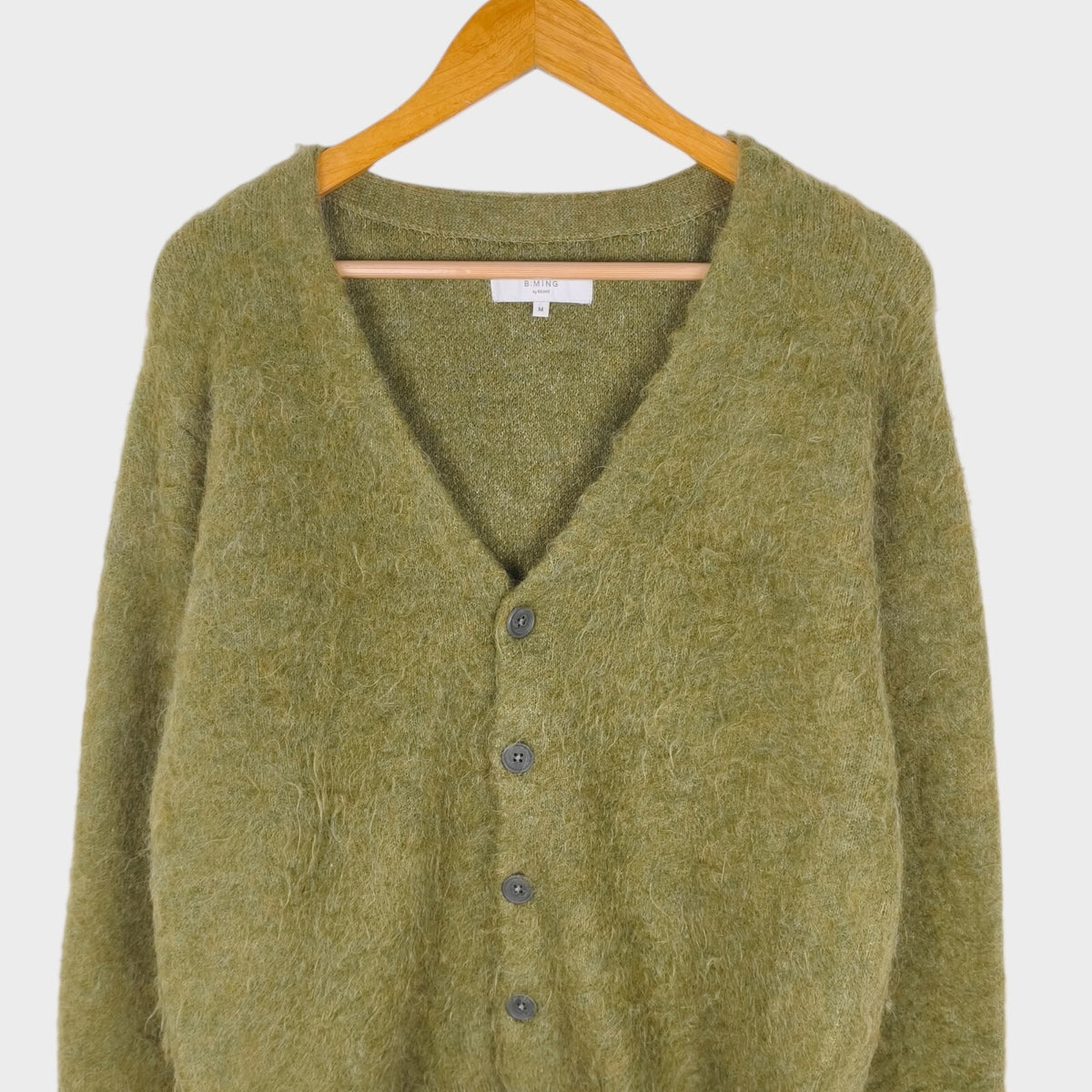BEAMS B:MING Men's Green Mohair Blend Shaggy Grunge Cardigan