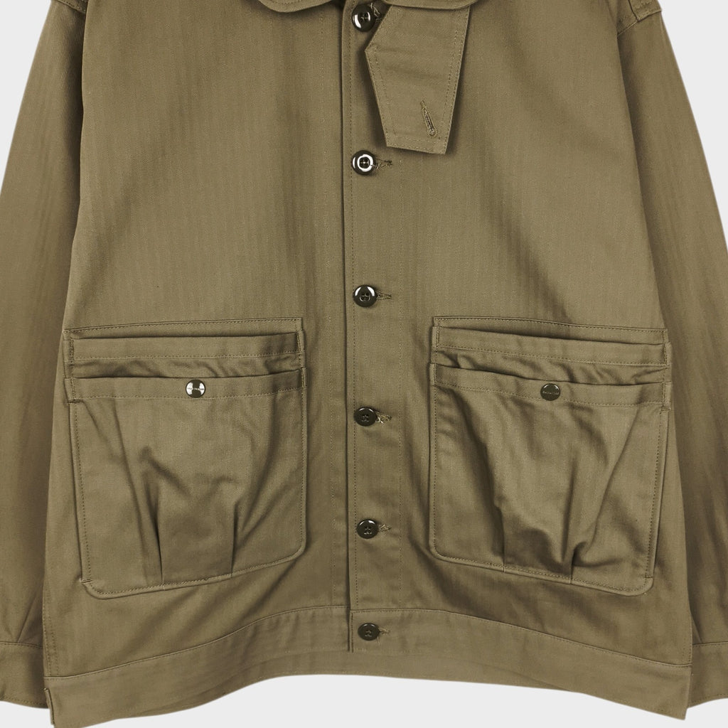 SASSAFRAS Men's Made in Japan Green Herringbone Overgrown Trug Jacket