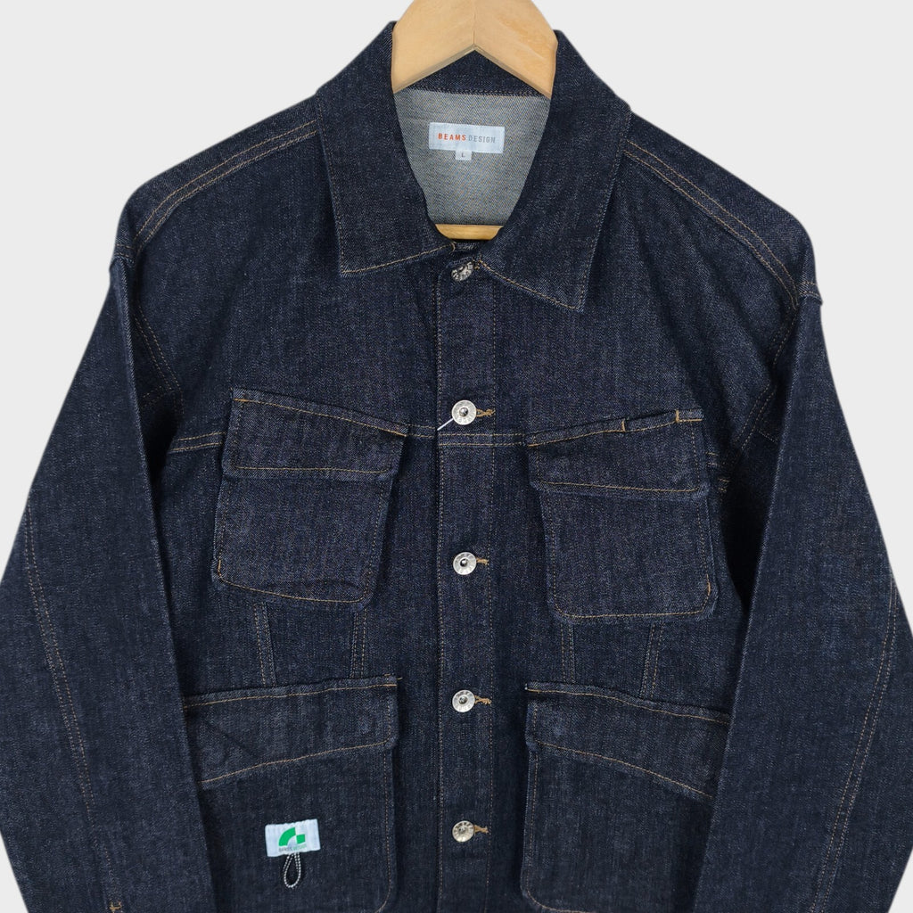 BEAMS Men's Dark Blue Cropped Denim Utility Chore Jacket